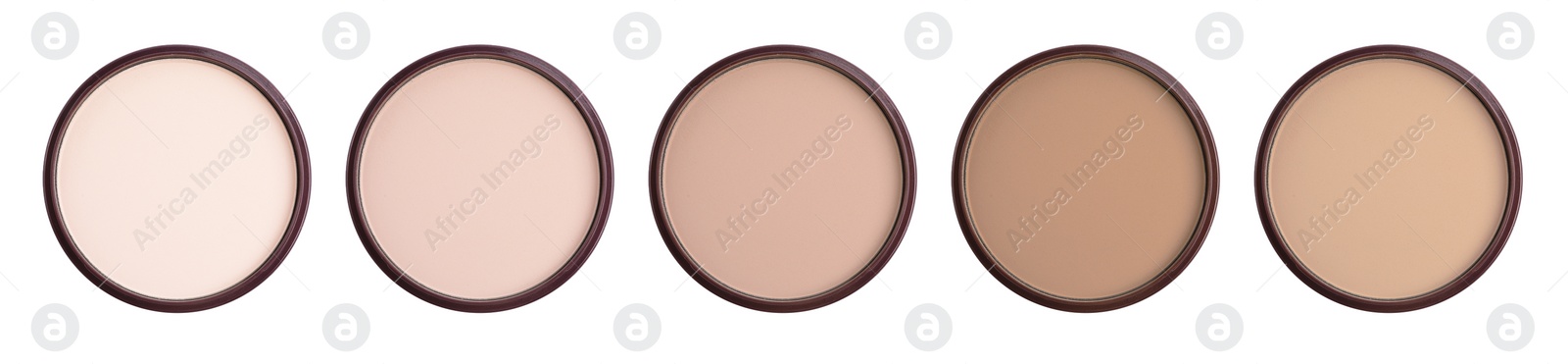 Image of Compact face powders of different shades isolated on white, collection. Top view