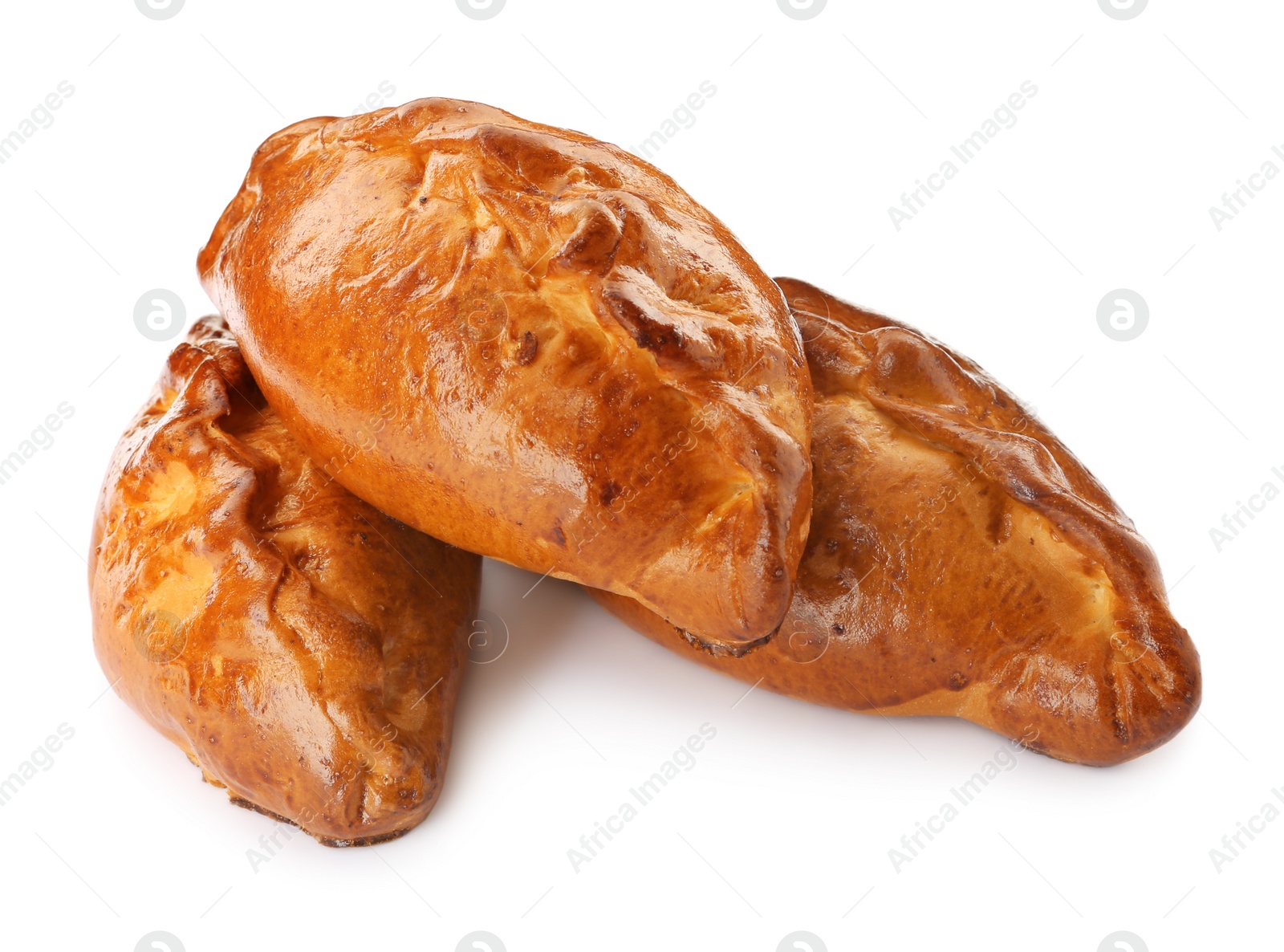 Photo of Many delicious baked patties on white background