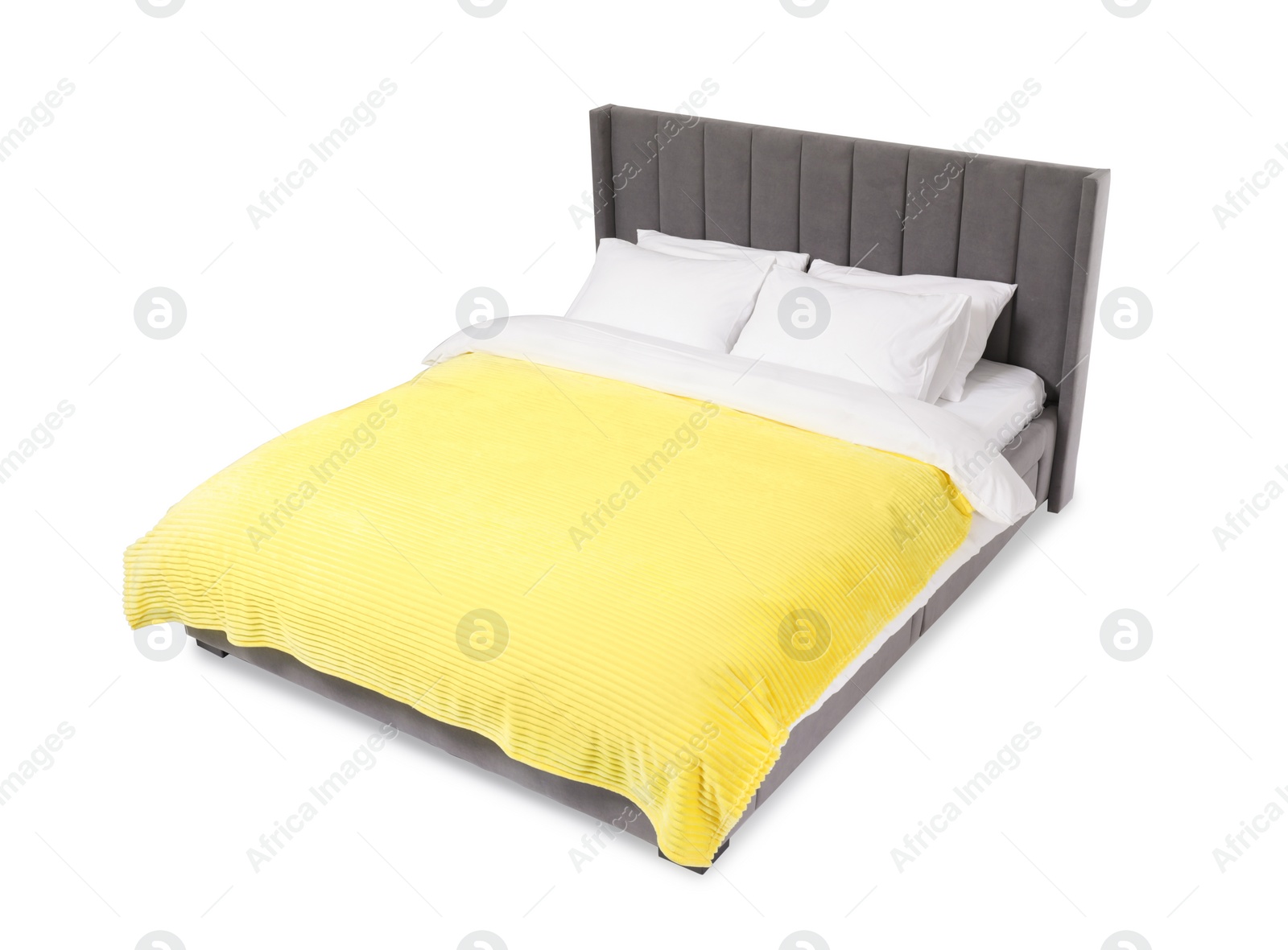 Photo of Comfortable gray bed with linens on white background