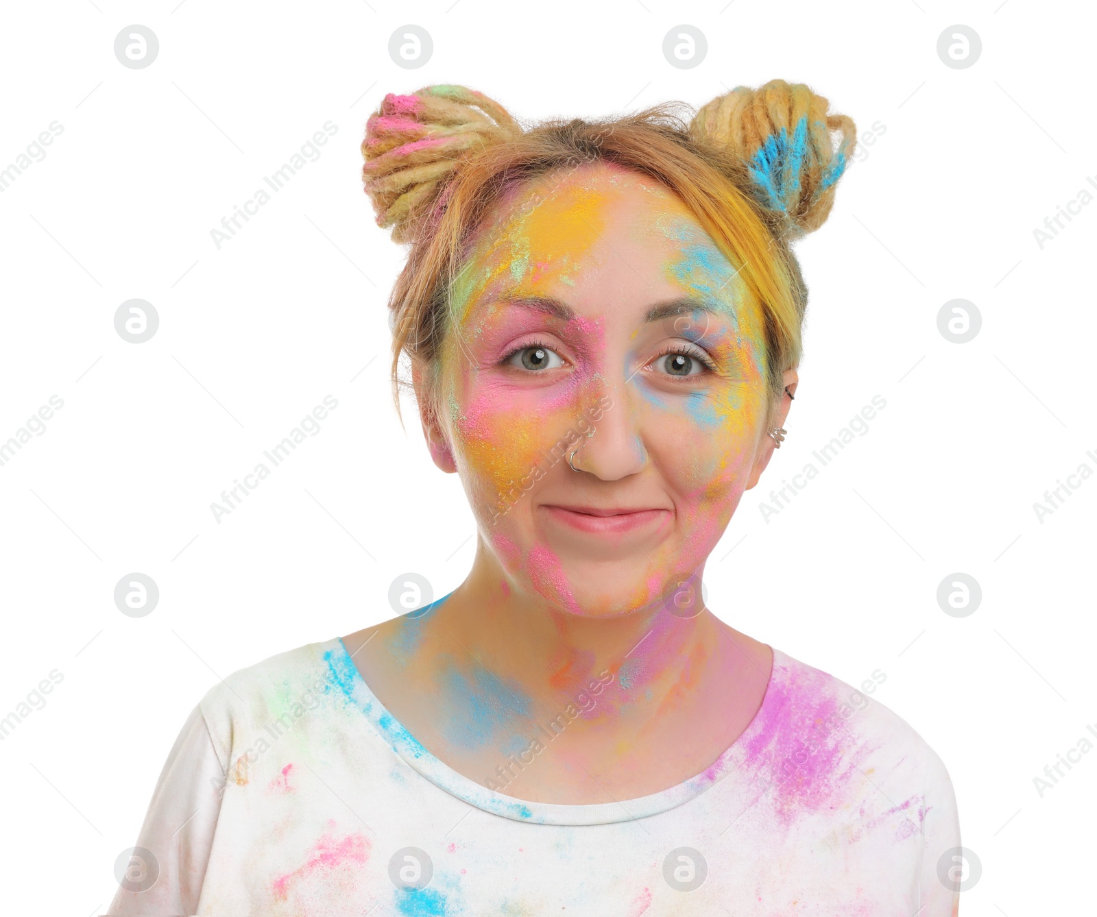 Photo of Woman covered with colorful powder dyes on white background. Holi festival celebration