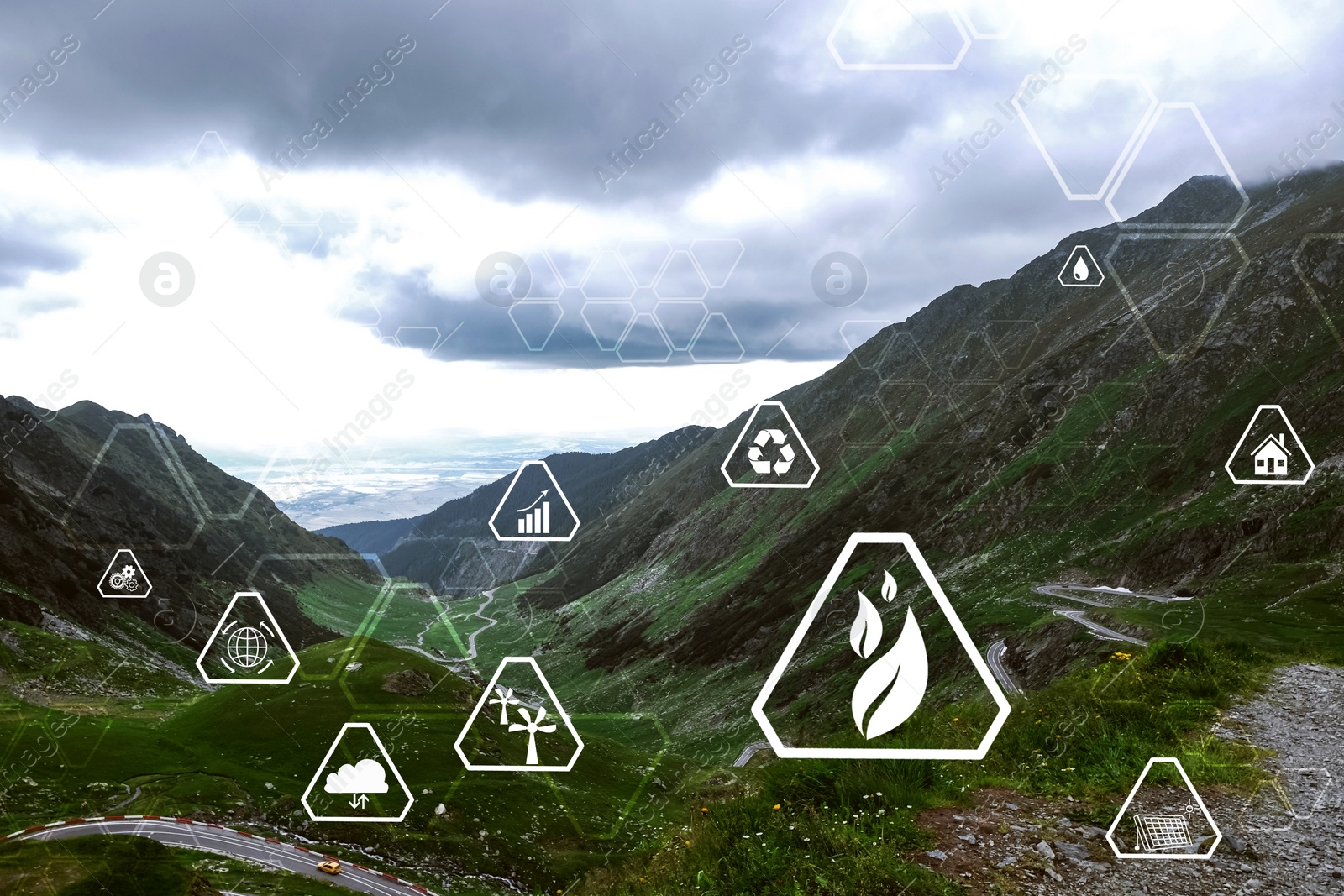 Image of Digital eco icons and beautiful mountains on cloudy day