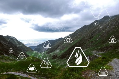 Image of Digital eco icons and beautiful mountains on cloudy day