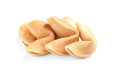 Photo of Tasty traditional fortune cookies on white background