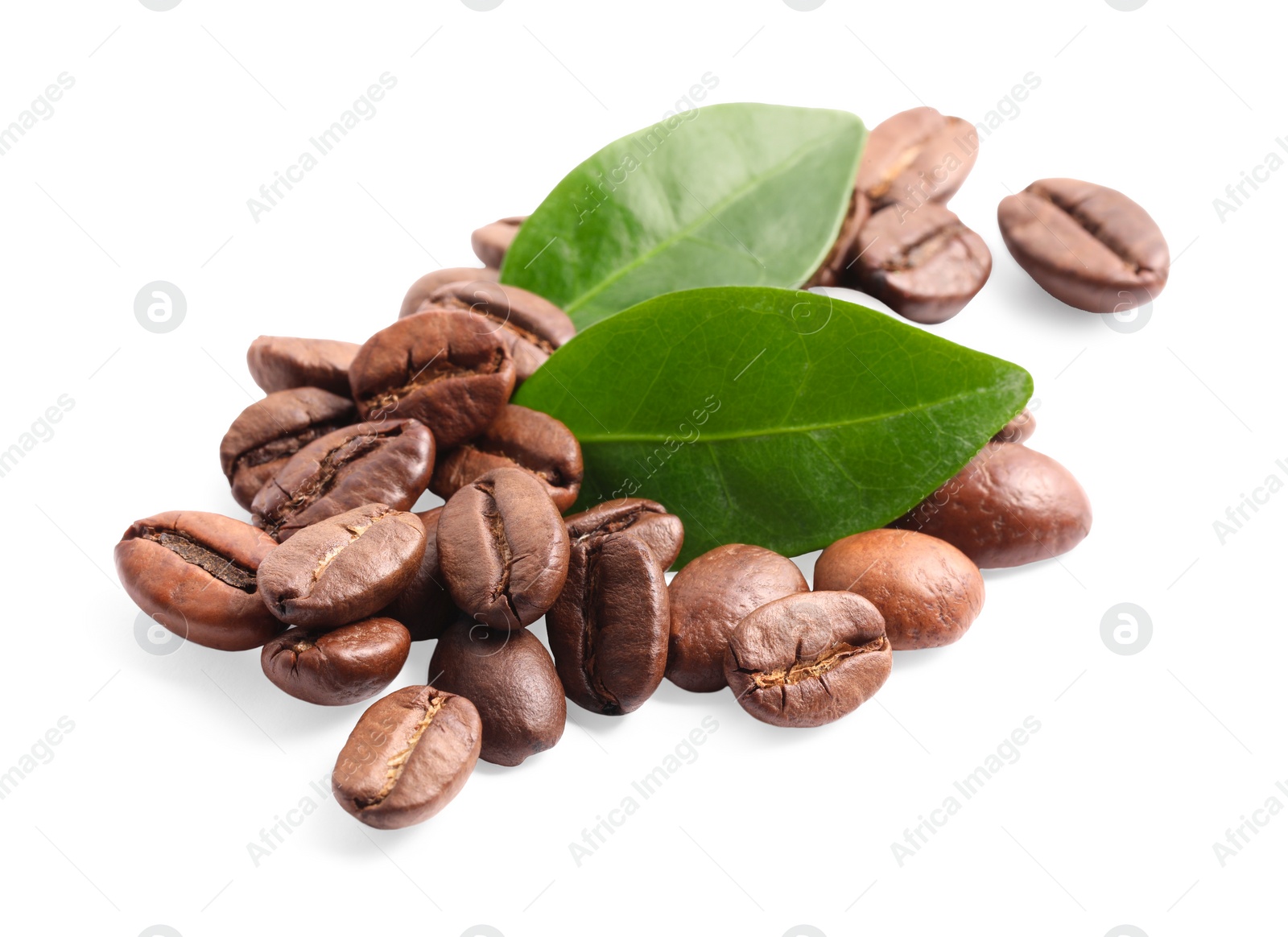 Photo of Roasted coffee beans and leaves isolated on white