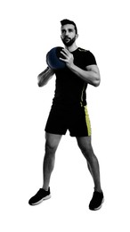 Image of Athletic man doing exercise with medicine ball isolated on white