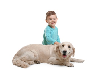 Cute little child with his pet on white background