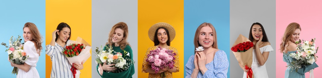 Charming ladies with beautiful flowers on different colors backgrounds, collage. 8 March - Happy Women's Day