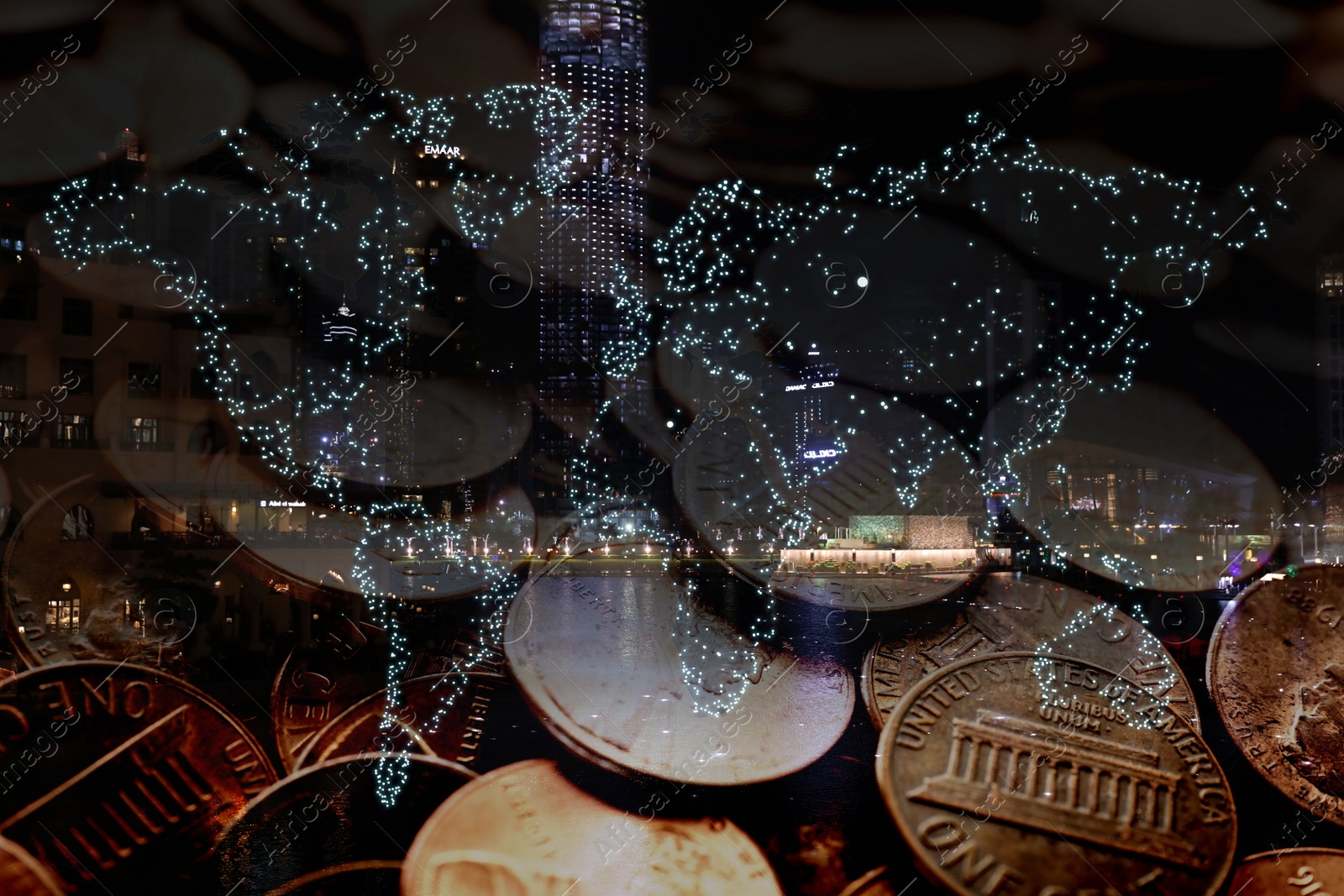 Image of Multiple exposure of coins, world map and cityscape. Online payment concept