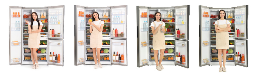 Collage of woman near open refrigerators on white background