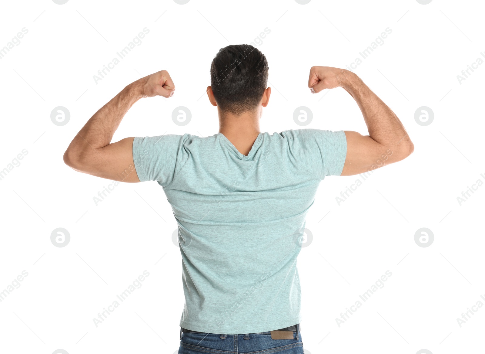 Photo of Man with healthy back on white background. Visiting orthopedist