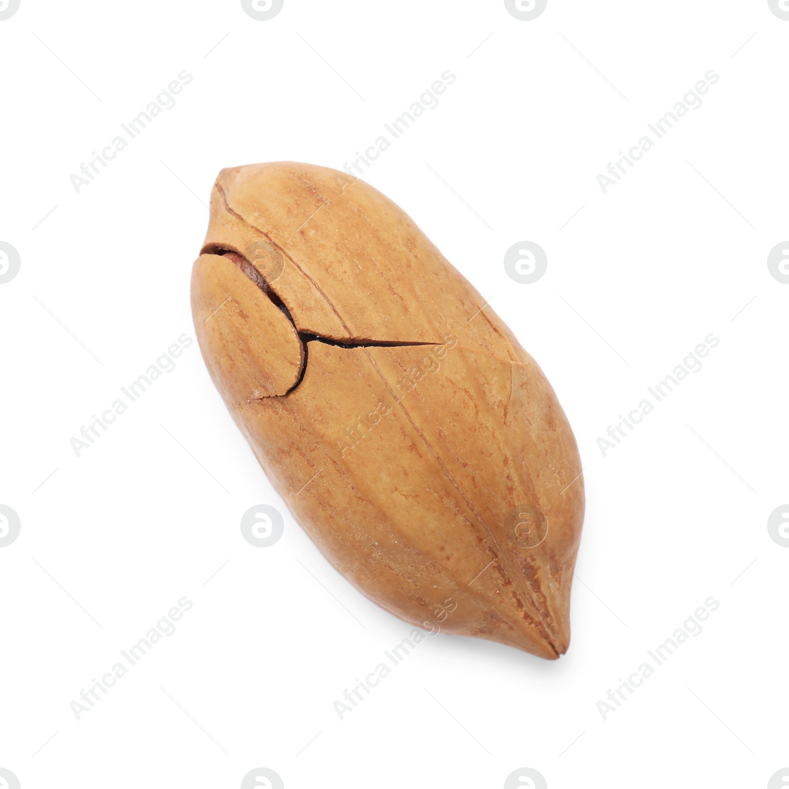 Photo of Tasty pecan nut with shell isolated on white, top view