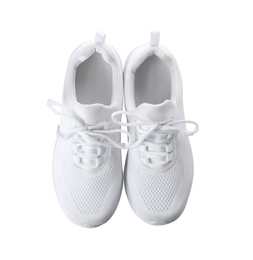 Photo of Stylish sport shoes on white background, top view. Trendy footwear