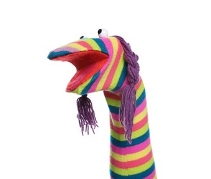 Funny sock puppet with braids isolated on white