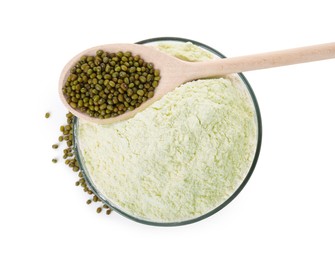 Photo of Bowl of flour, spoon and mung beans on white background, top view