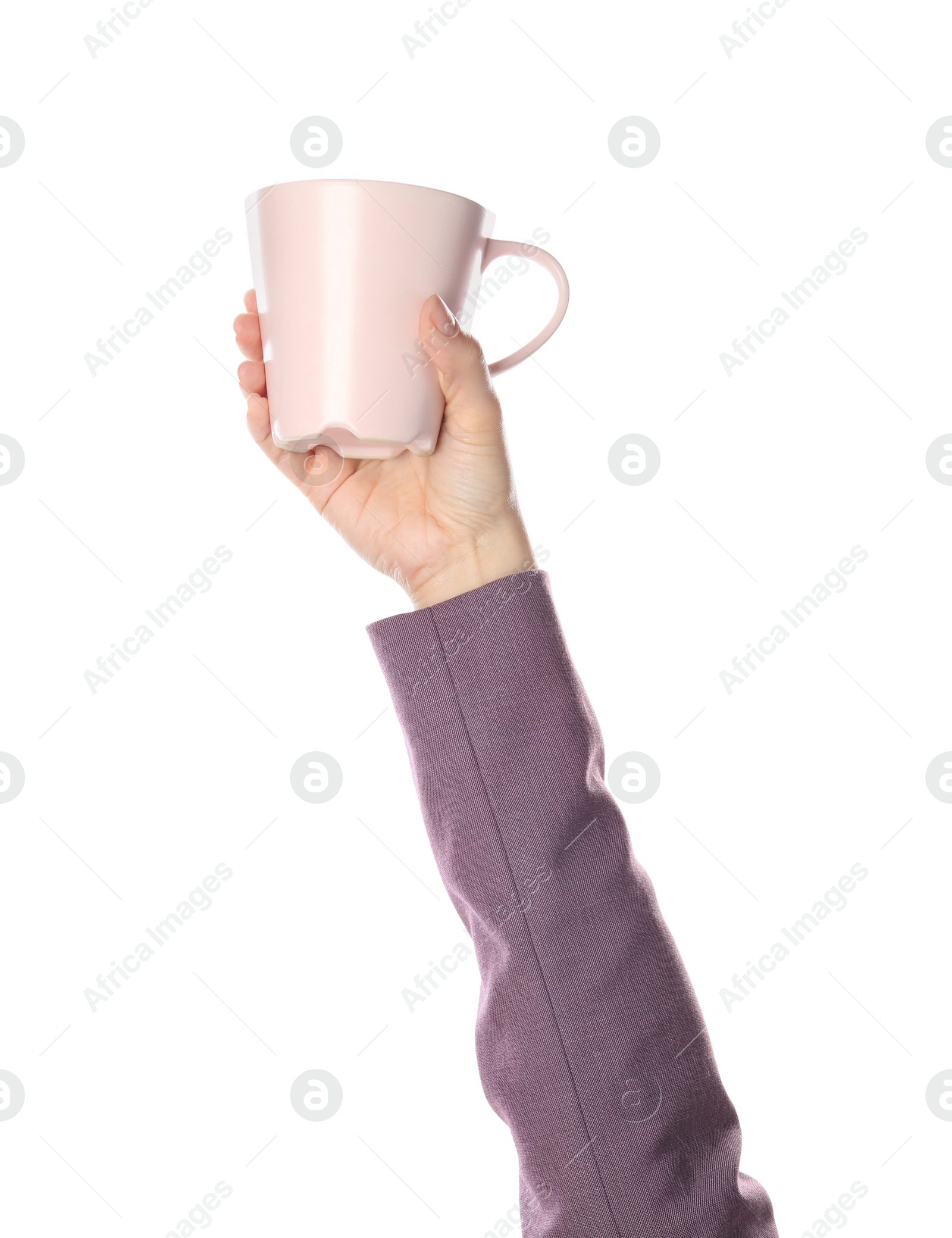 Photo of Woman holding cup on white background, closeup