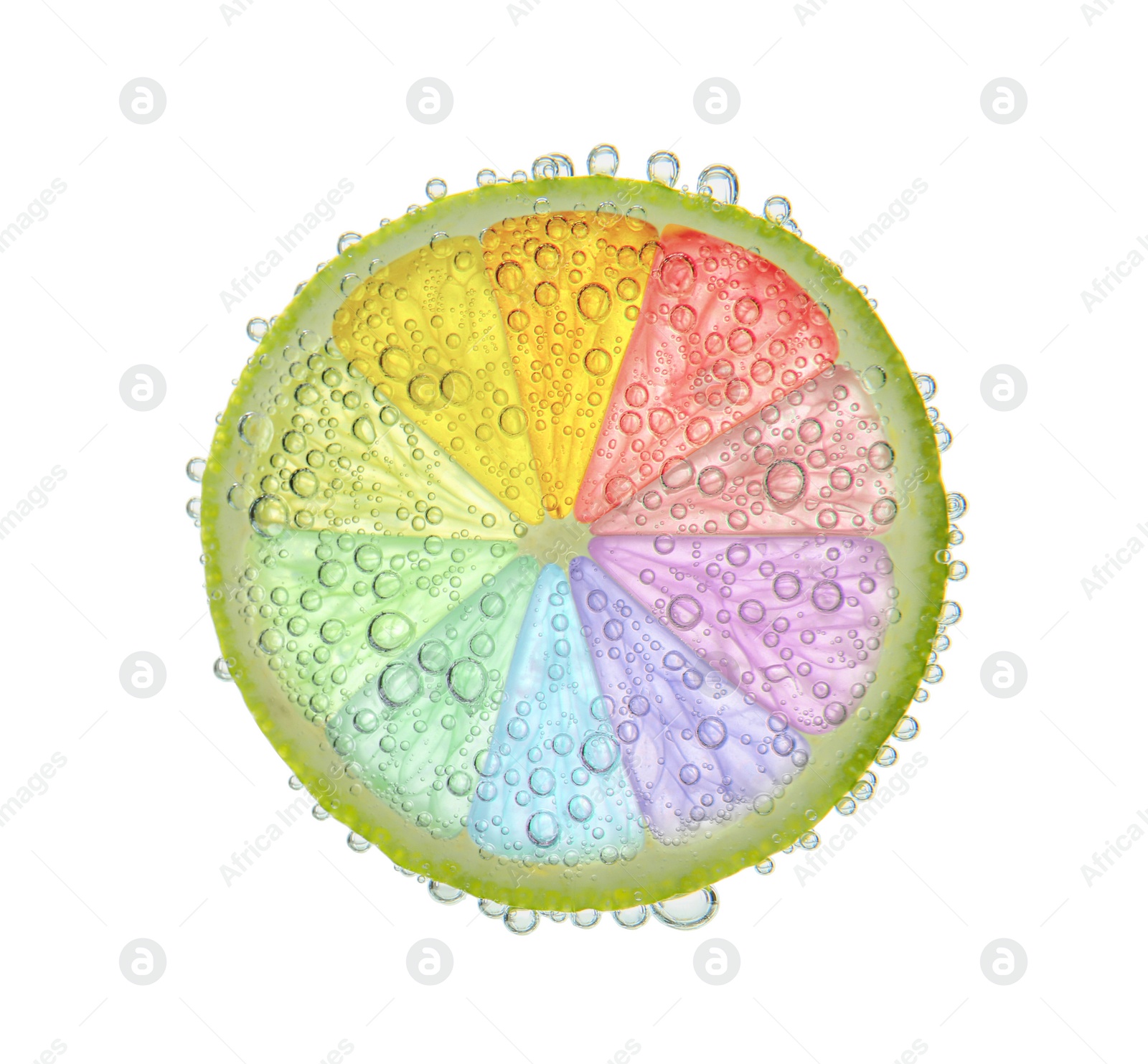 Image of Fresh lime slice with rainbow segments and water bubbles on white background. Brighten your life