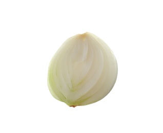 Photo of Slice of fresh ripe onion on white background