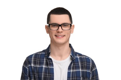 Young man with glasses on white background