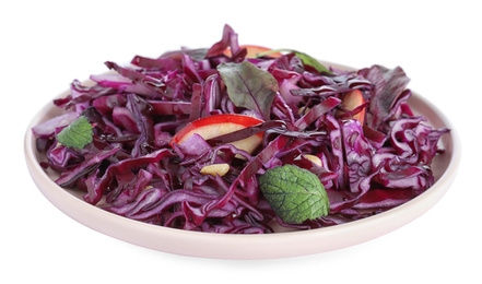 Photo of Fresh red cabbage salad isolated on white