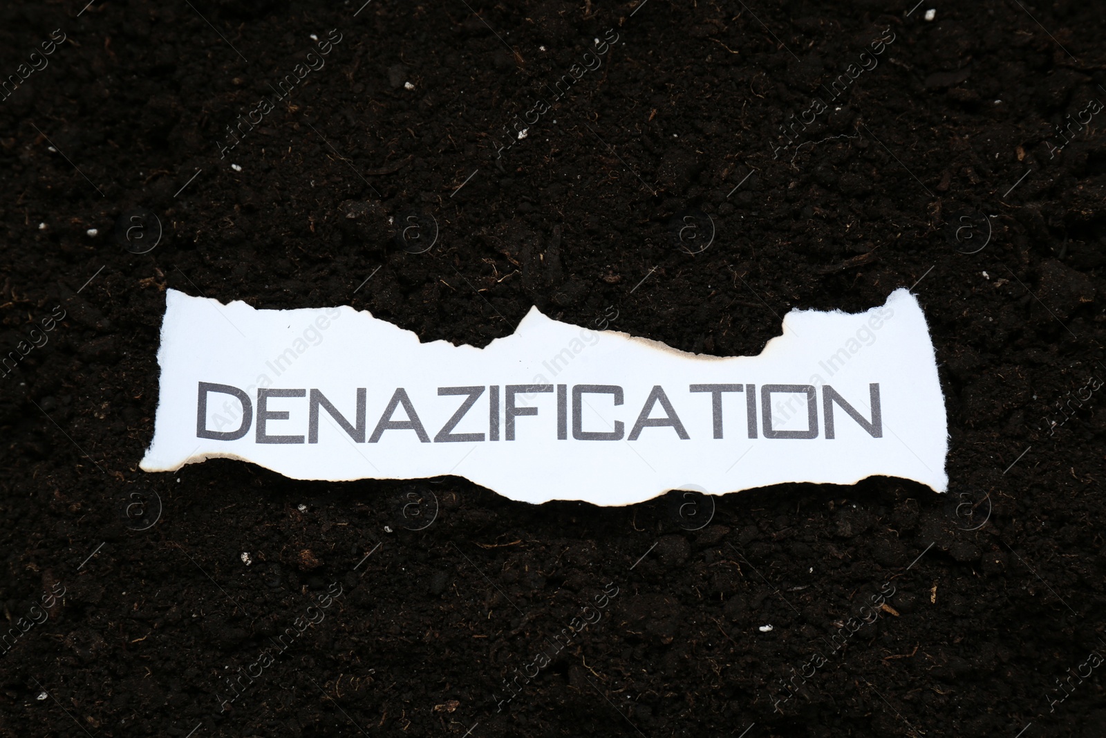 Photo of Piece of torn paper with word Denazification on soil, top view