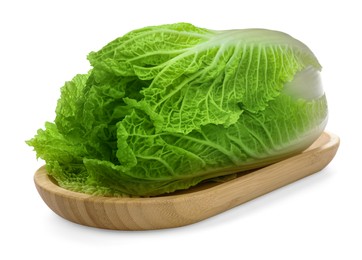 Photo of Fresh tasty Chinese cabbage and wooden board isolated on white