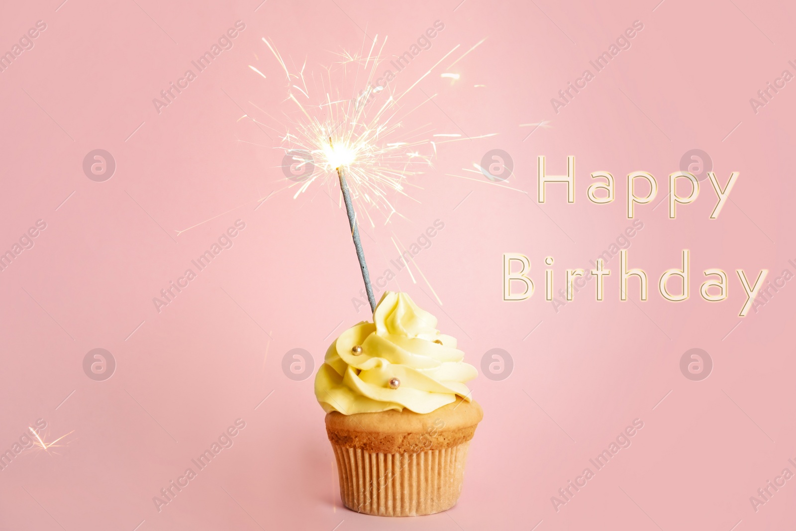 Image of Delicious cupcake with sparkler and text Happy Birthday on pale pink background