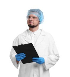 Quality control. Food inspector with clipboard on white background