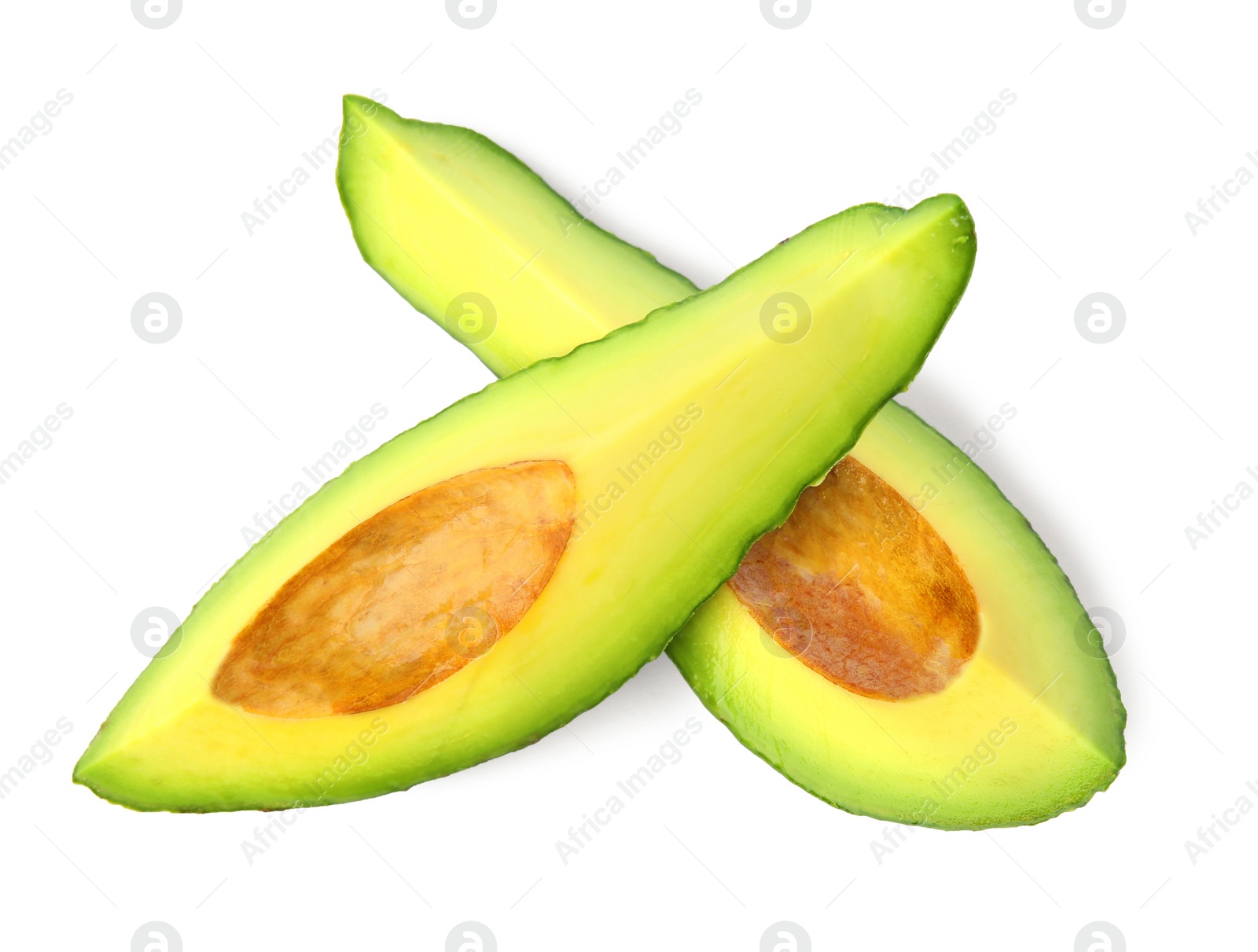 Photo of Slices of tasty ripe avocado on white background, top view