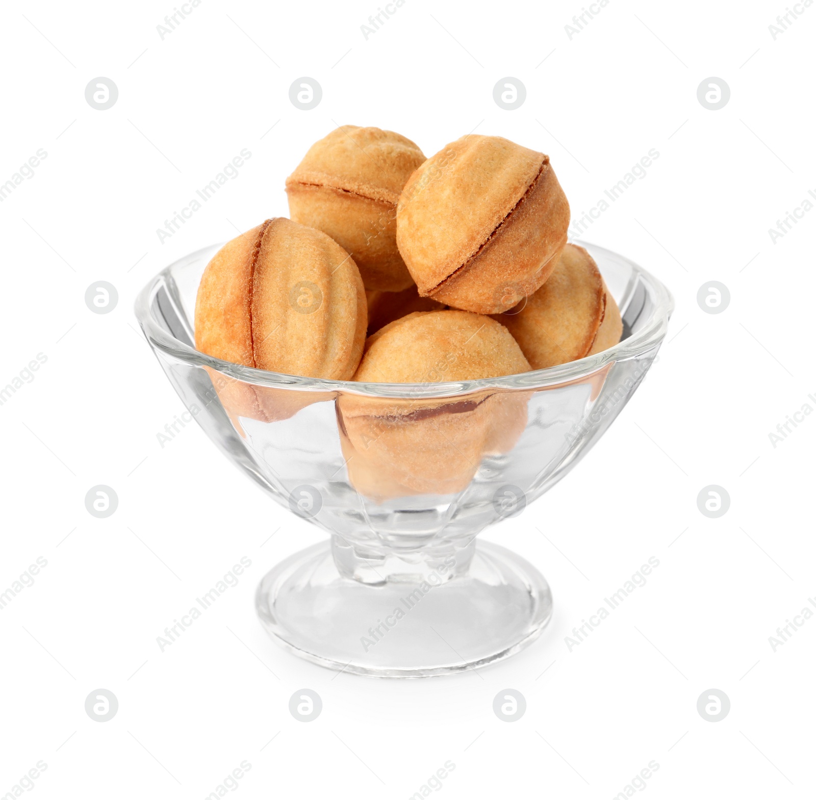 Photo of Glass dessert bowl with delicious nut shaped cookies on white background