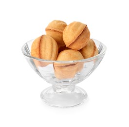 Photo of Glass dessert bowl with delicious nut shaped cookies on white background