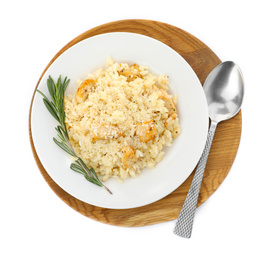 Photo of Delicious chicken risotto isolated on white, top view