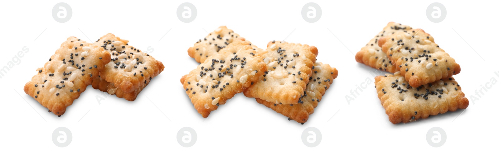 Image of Set of tasty crispy crackers with poppy and sesame seeds on white background. Banner design 