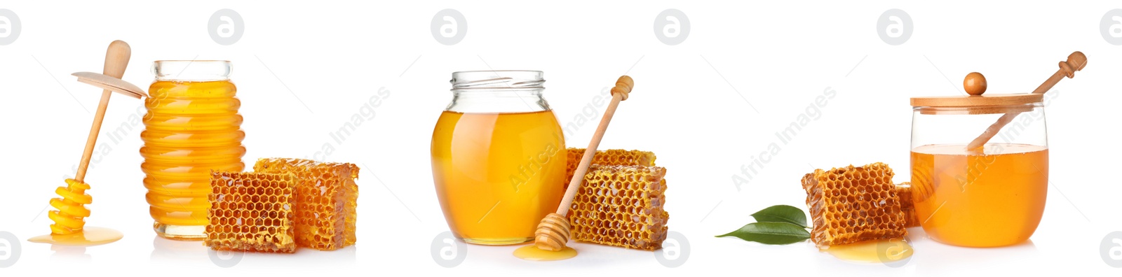 Image of Set with fresh delicious honey on white background. Banner design