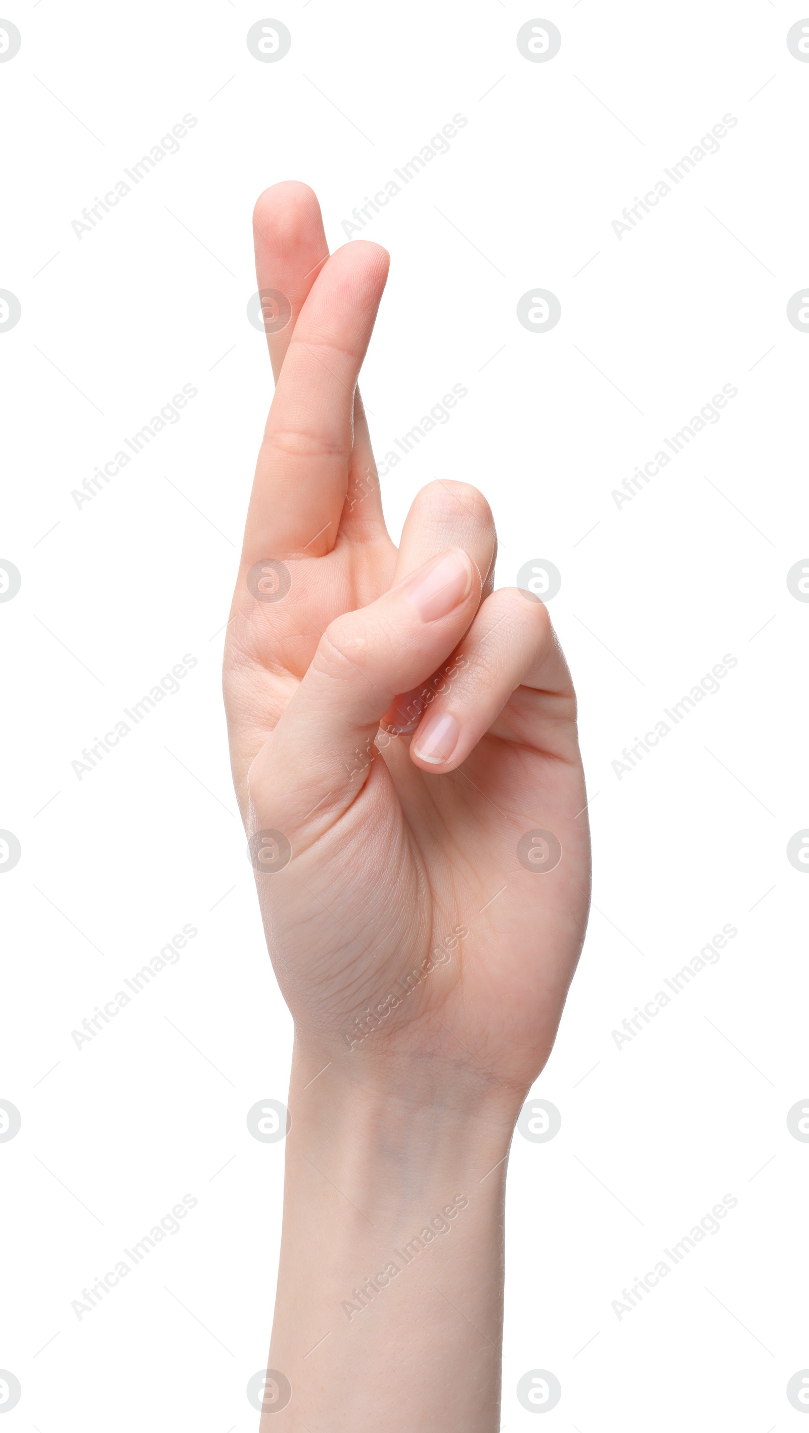 Photo of Woman crossing her fingers on white background, closeup