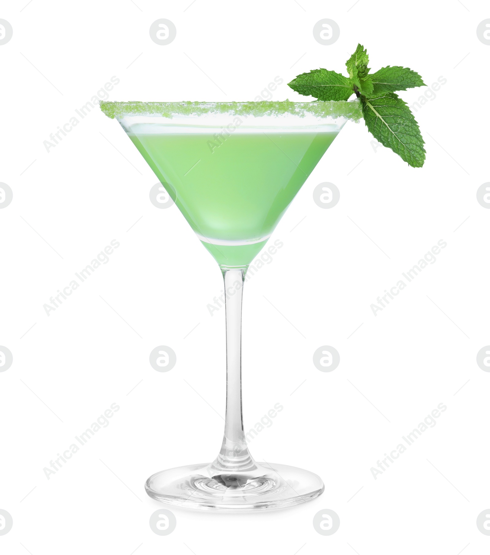 Photo of Delicious mint liqueur and fresh leaves isolated on white