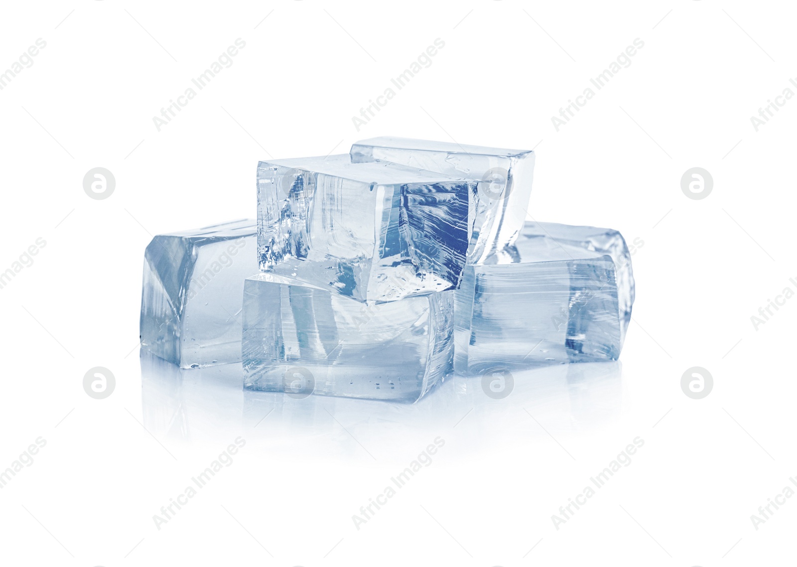 Photo of Crystal clear ice cubes on white background