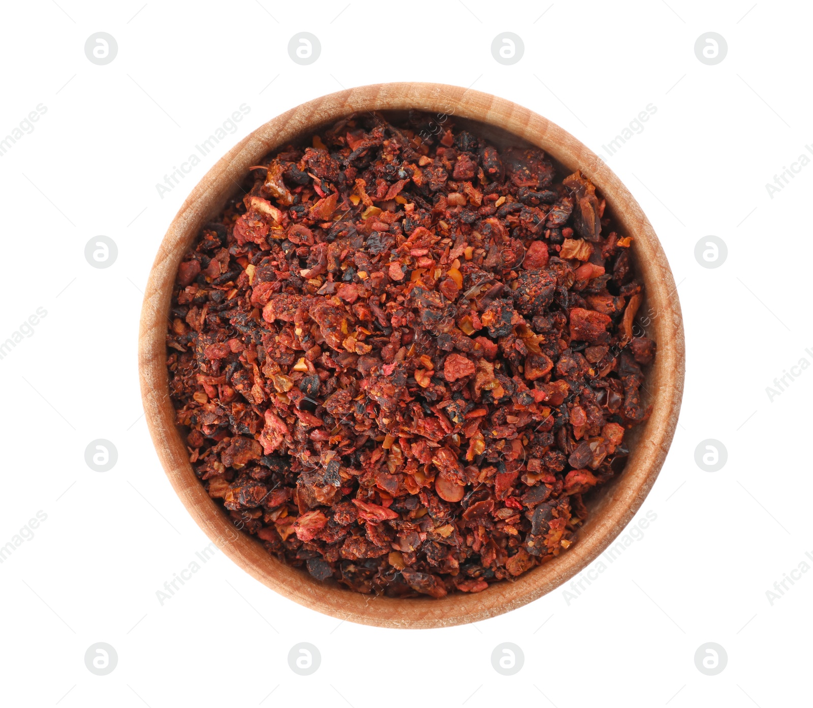 Photo of Bowl with dried chili peppers on white background, top view. Different spices