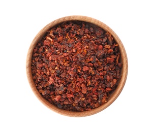 Photo of Bowl with dried chili peppers on white background, top view. Different spices