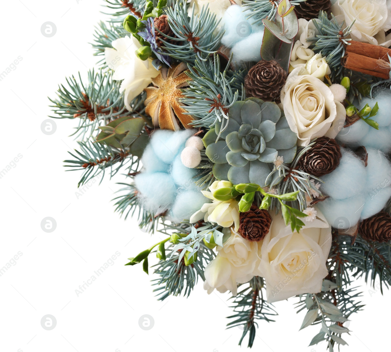 Photo of Beautiful wedding winter bouquet on white background