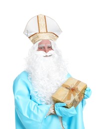 Portrait of Saint Nicholas with present on white background