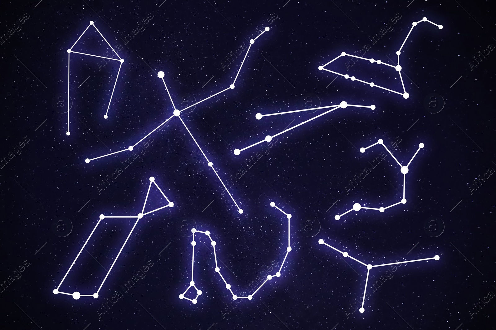 Image of Set with different constellation stick figure patterns in starry night sky