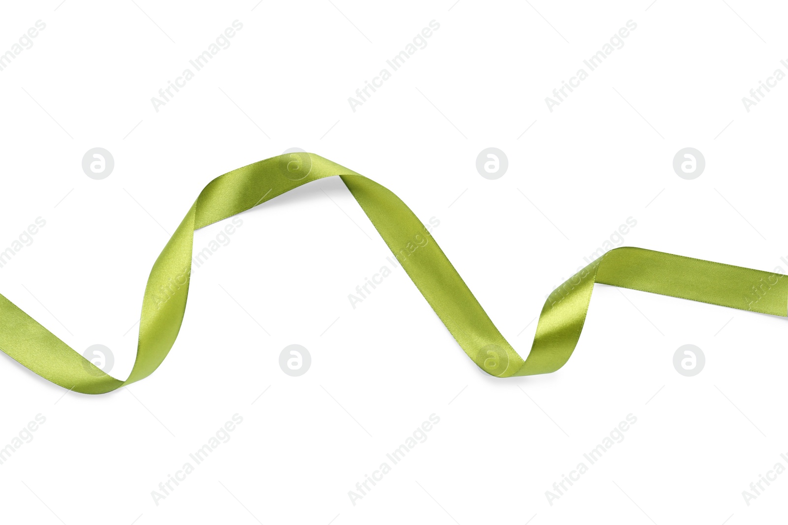 Photo of Beautiful green ribbon isolated on white, top view