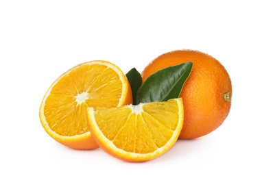 Photo of Fresh ripe oranges isolated on white. Citrus fruit