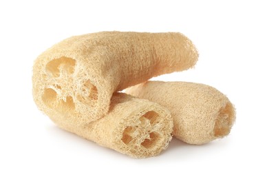 Photo of Group of natural loofah sponges isolated on white