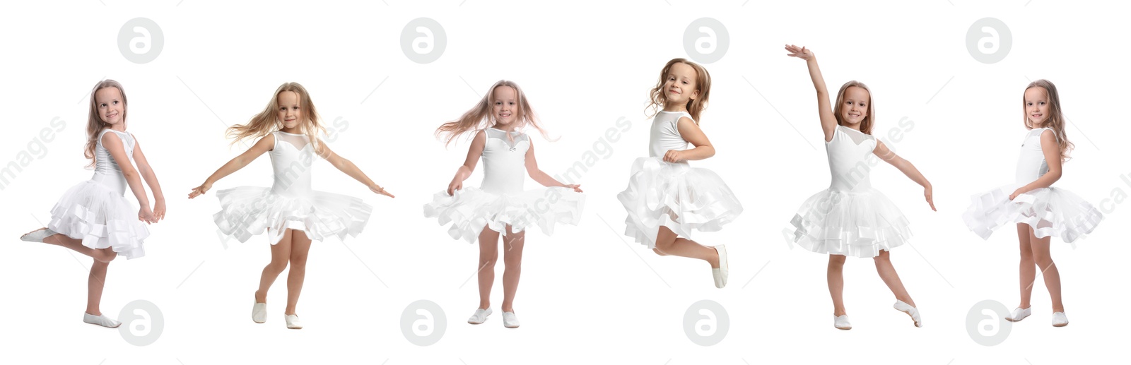 Image of Cute little girl dancing and jumping on white background, set of photos