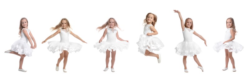 Image of Cute little girl dancing and jumping on white background, setphotos