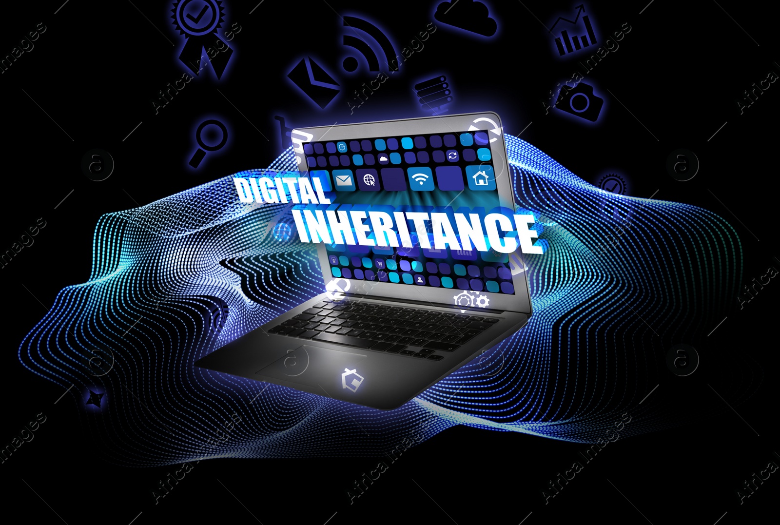 Image of Digital inheritance concept. laptop and many different icons on black background