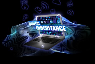 Image of Digital inheritance concept. laptop and many different icons on black background