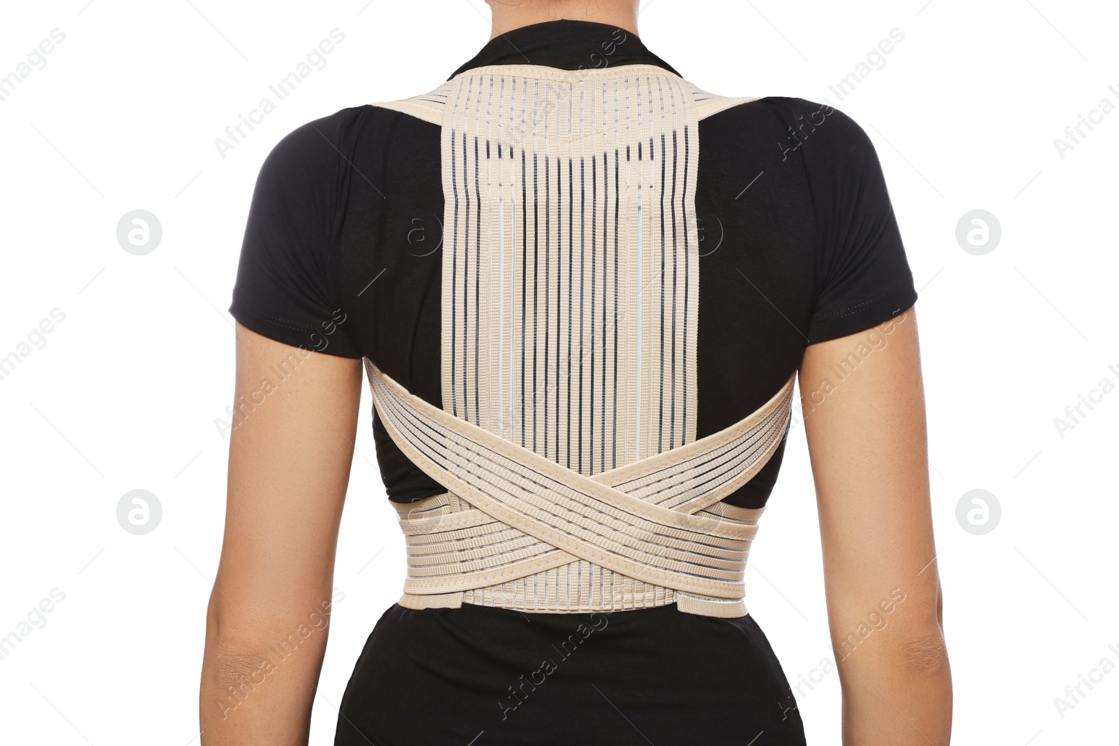 Photo of Closeup of woman with orthopedic corset on white background, back view