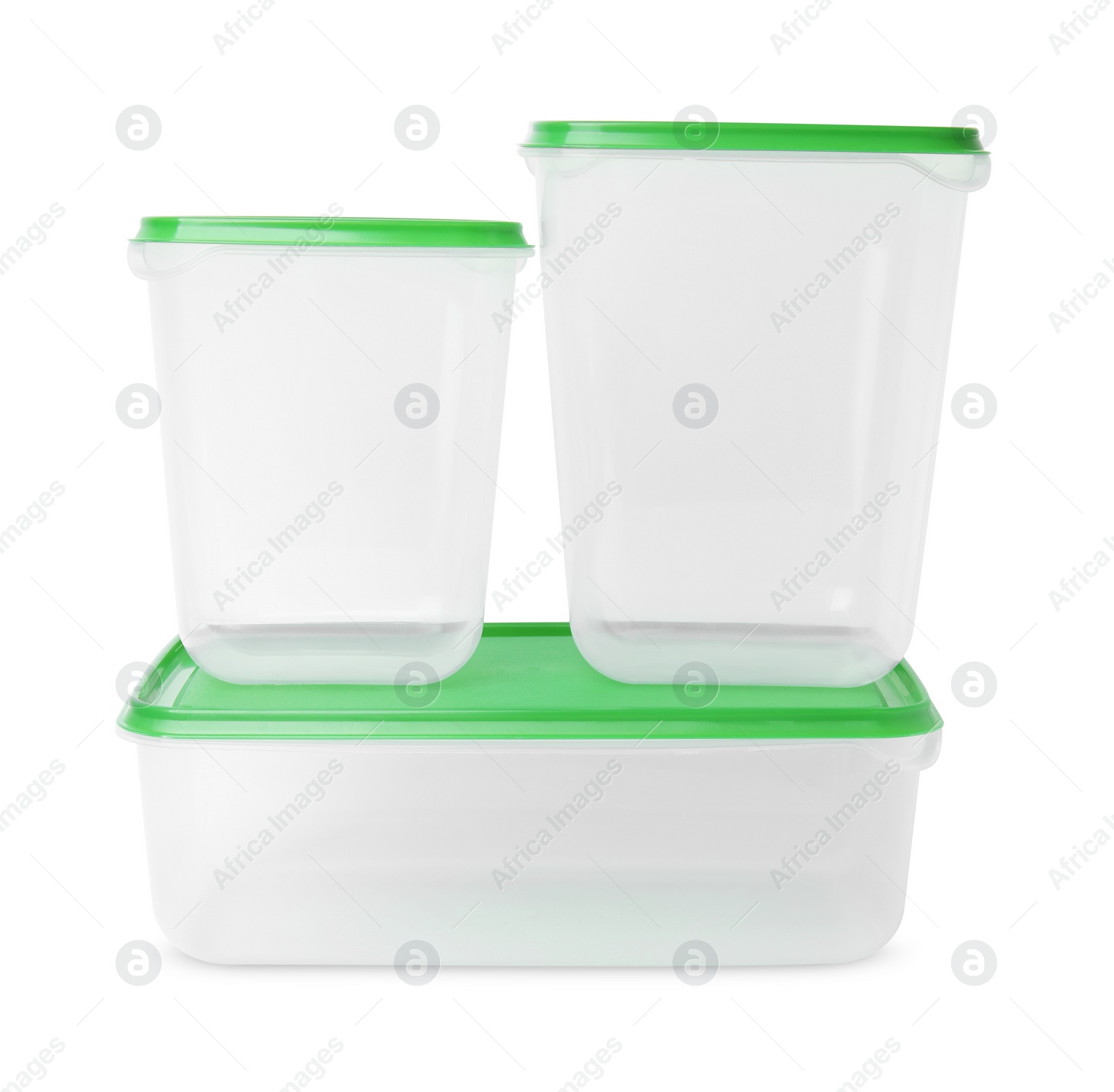 Photo of Empty plastic containers on white background. Food storage